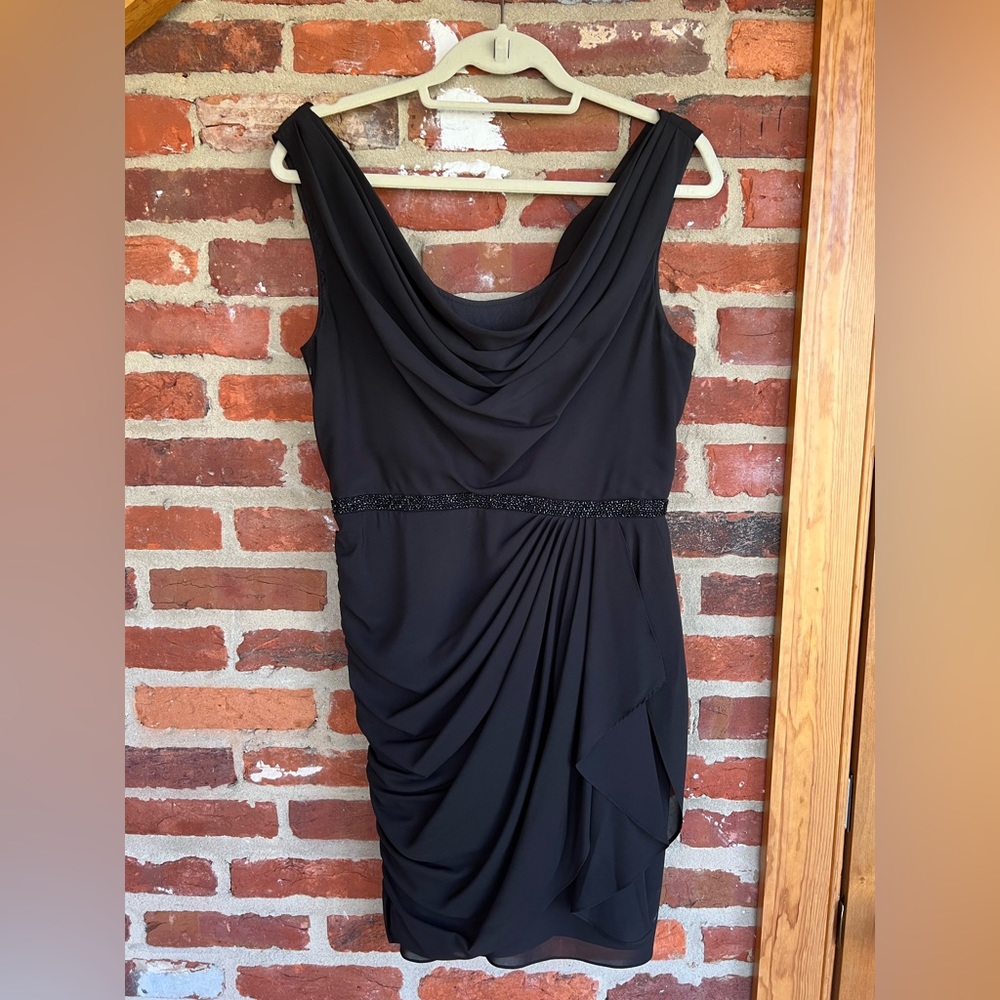 Aidan by Aidan Mattox Black Cowl Neck Cocktail Dress with Beaded Belt